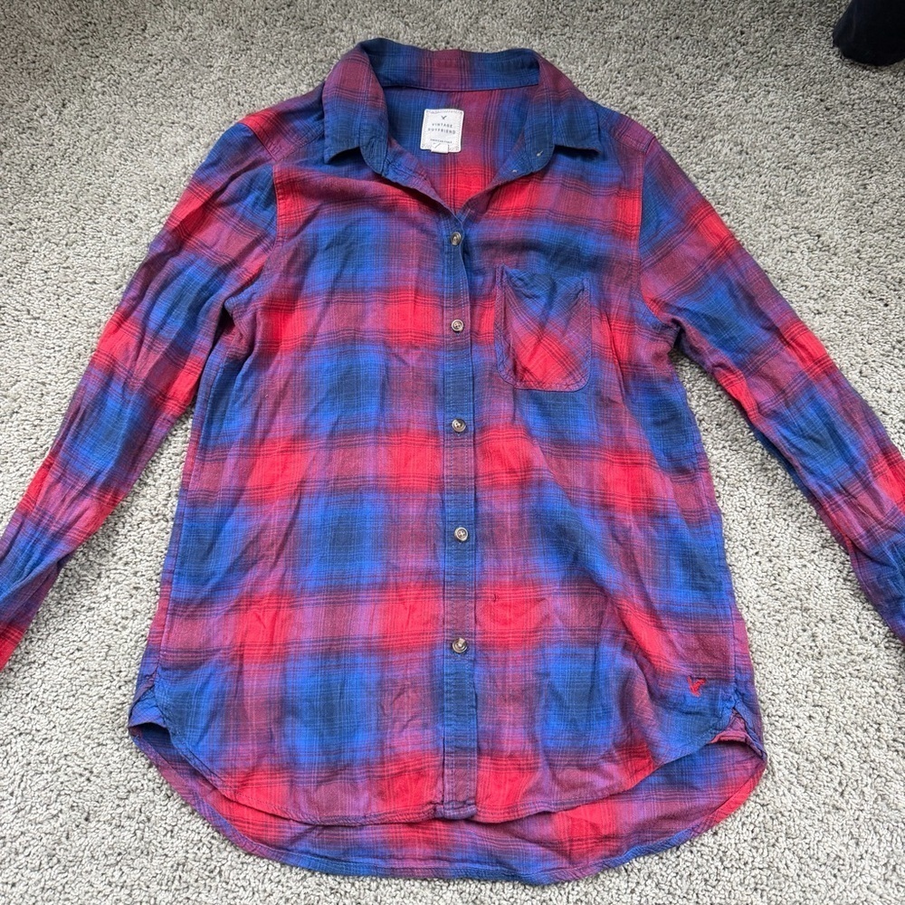 American Eagle Vintage Boyfriend Blue Red Plaid Flannel Shirt Size Medium